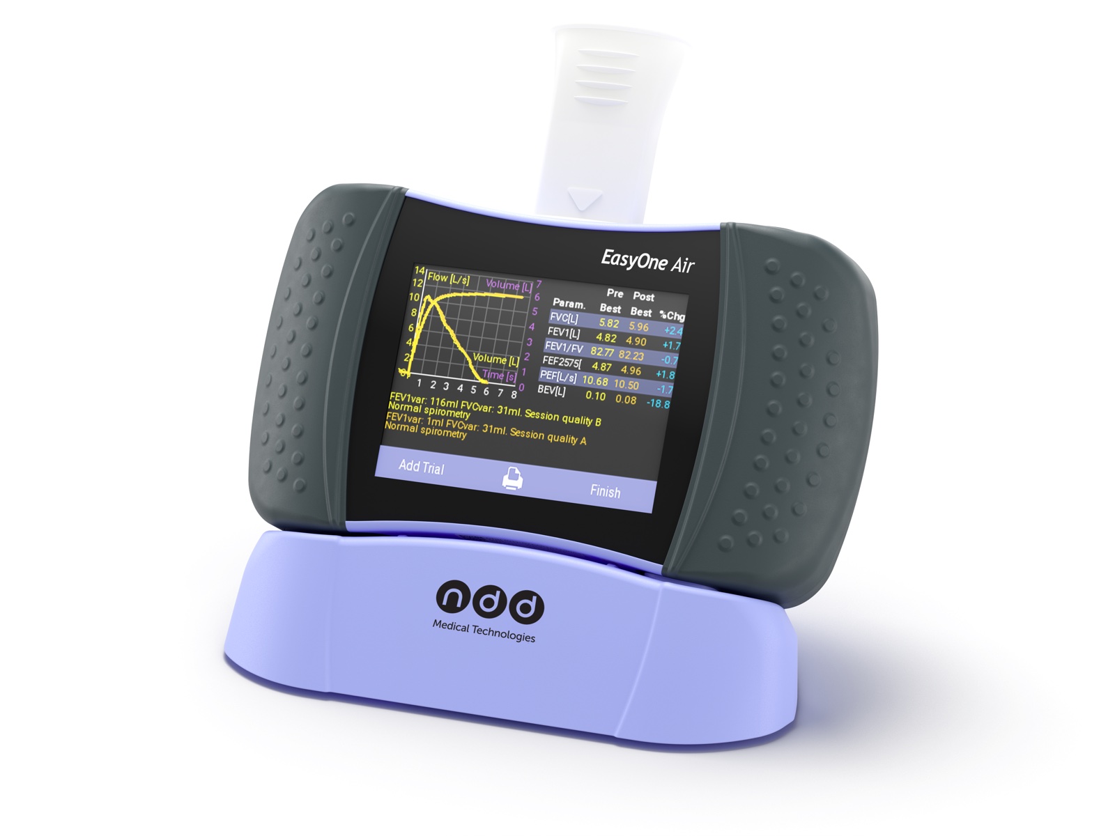 Spirometer EasyOne Air mit Mundstück in der Halterung